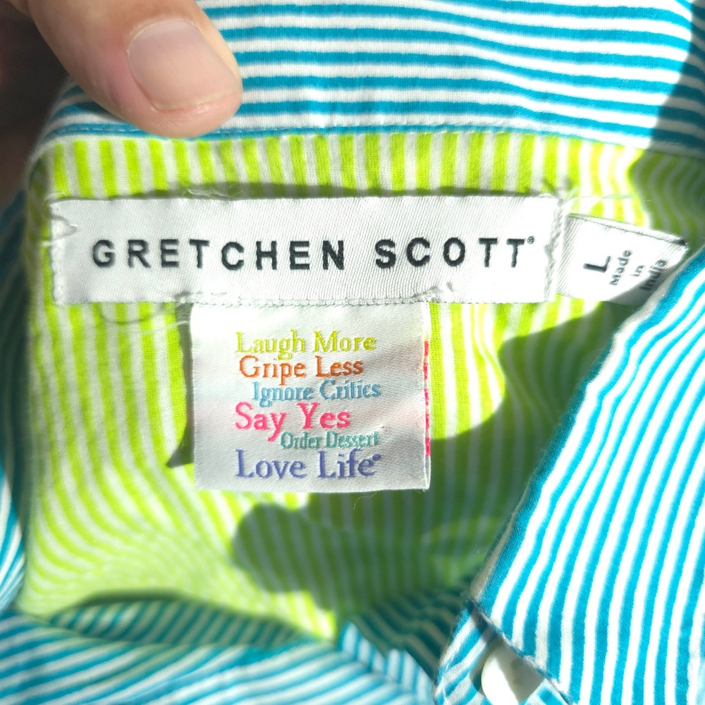 Gretchen Scott Shirt Womens L Turquoise White Striped Button Down Linen Top - Picture 9 of 11